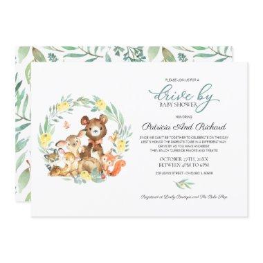 Woodland Animals Greenery Drive By Baby Shower Invitations