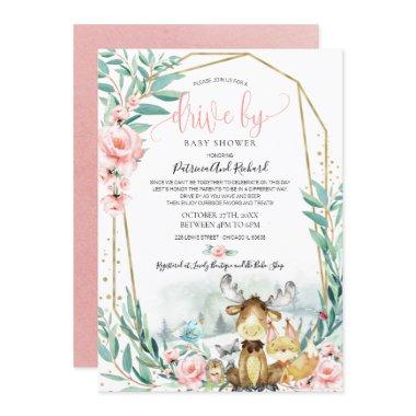 Woodland Floral Greenery Drive By Baby Shower Invitations