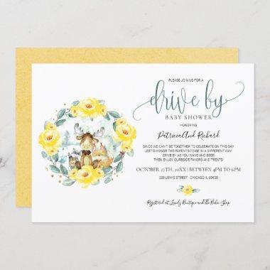 Woodland Floral Greenery Drive By Baby Shower Invitations
