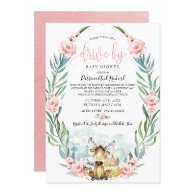 Woodland Floral Greenery Drive By Baby Shower Invitations