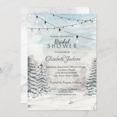 Woodland,Pine Trees, String Lights, Watercolor Invitations