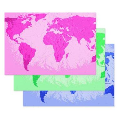 World Map Abstract Traveler Pink Green Blue Wrapping Paper Sheets