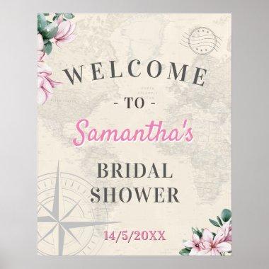World Travel Map Pink Floral Bridal Shower Welcome Poster