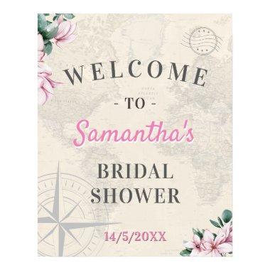 World Travel Map Pink Floral Bridal Shower Welcome Poster