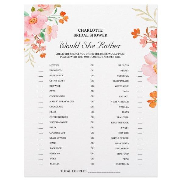 Would She Rather  Game Floral Flyer