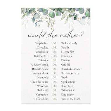 Would She Rather Eucalyptus Bridal Shower Game Enclosure Invitations