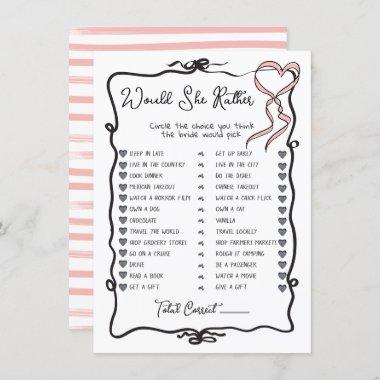 Would She Rather Hand Drawn Bow Bridal Shower game Invitations
