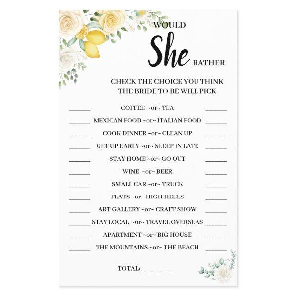 Would She Rather Lemon&Rose BridalShower Game  Flyer
