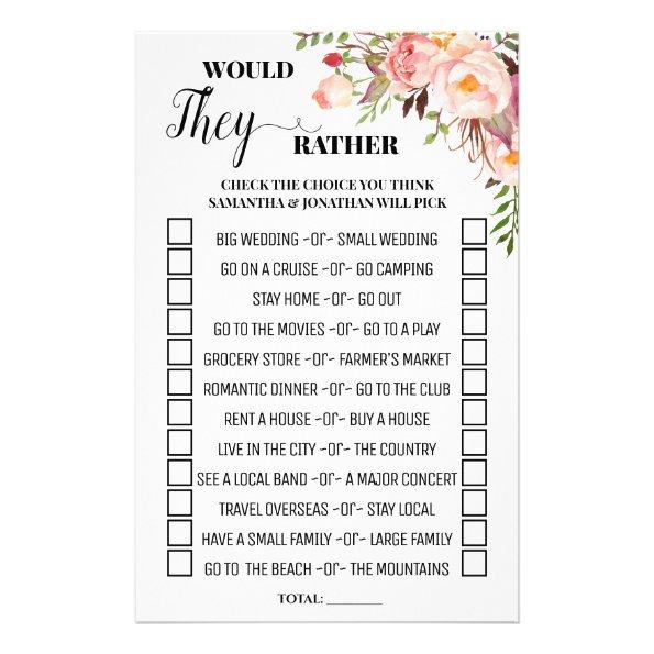 Would They Rather Pink Bridal Shower Game Invitations Flyer