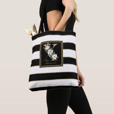 X Gold Floral Monogram | Black White Gold Stripes Tote Bag
