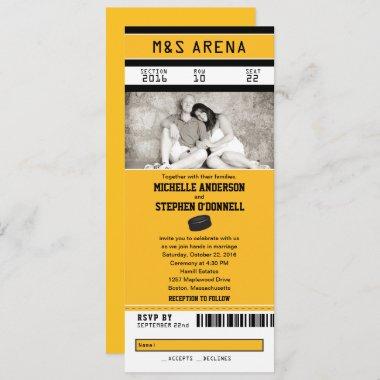 Yellow and Black Hockey Sport Ticket Wedding Invitations