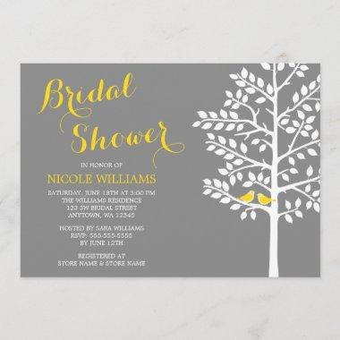 Yellow and Grey Tree Love Birds Bridal Shower Invitations
