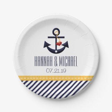 Yellow and Navy Blue Nautical Anchor Wedding Paper Plates