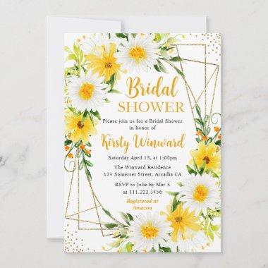 Yellow and White Daisies Gold Frame Bridal Shower Invitations