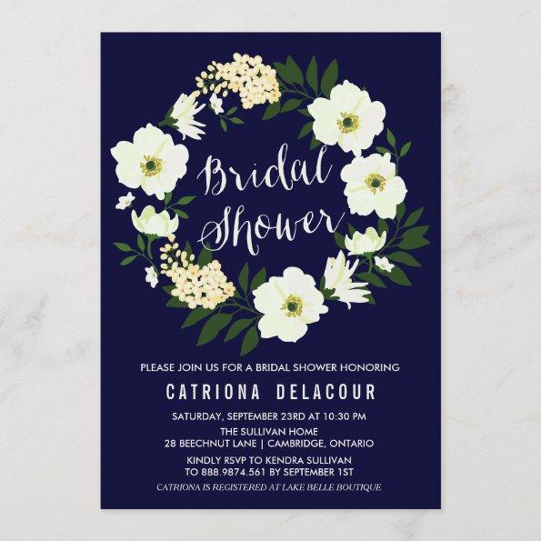 Yellow Anemone Floral Wreath Navy Bridal Shower Invitations