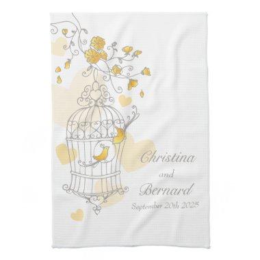 Yellow bird cage wedding custom kitchen towel
