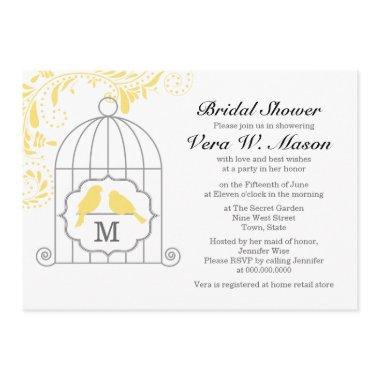 Yellow Birdcage With Love Birds Bridal Shower Invitations