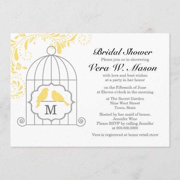 Yellow Birdcage With Love Birds Bridal Shower Invitations