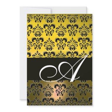 YELLOW BLACK DAMASK MONOGRAM ,bright white Invitations