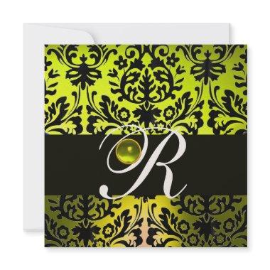 YELLOW BLACK DAMASK MONOGRAM TOPAZ Champagne Invitations