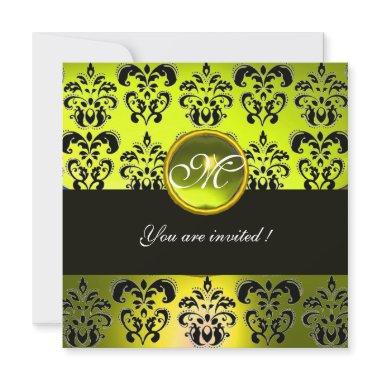 YELLOW BLACK DAMASK MONOGRAM, topaz Invitations