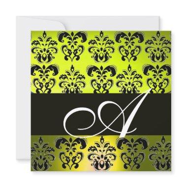 YELLOW BLACK DAMASK MONOGRAM , white Invitations