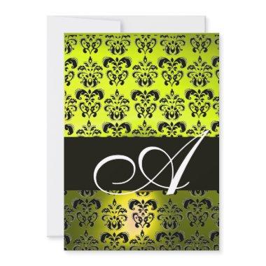 YELLOW BLACK DAMASK MONOGRAM , white Invitations