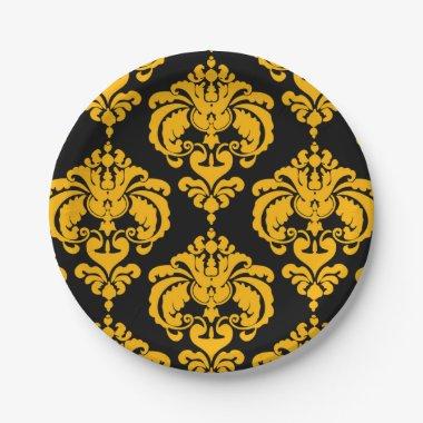 Yellow Black Damask Vintage Wedding Event Party Paper Plates