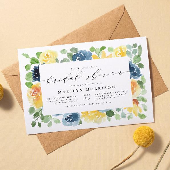 Yellow & Blue Watercolor Floral Bridal Shower Invitations