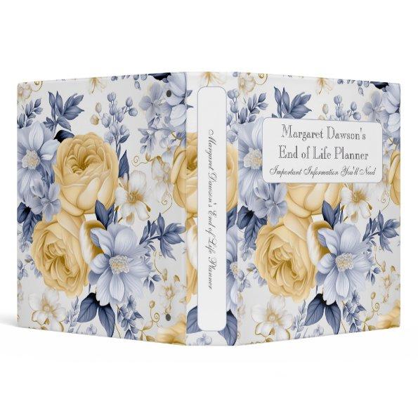 Yellow Blue & White Floral End of Life Planner 3 Ring Binder