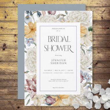 Yellow Blue & White Floral White Bridal Shower Invitations