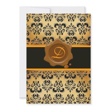 YELLOW BROWN AND BLACK DAMASK ,WAX SEAL MONOGRAM Invitations