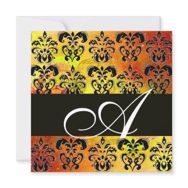 YELLOW BROWN RED BLACK DAMASK MONOGRAM , white Invitations