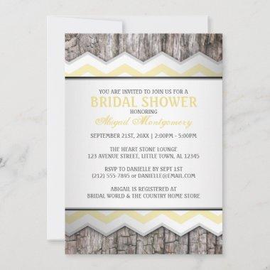 Yellow Chevron & Wood Rustic Bridal Shower Invitations