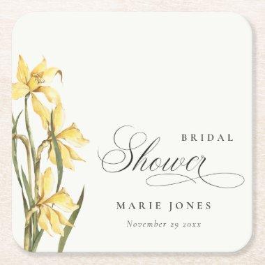 Yellow Daffodil Floral Watercolor Bridal Shower Square Paper Coaster