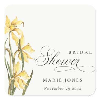 Yellow Daffodil Floral Watercolor Bridal Shower Square Sticker