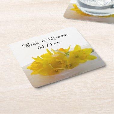 Yellow Daffodils on White Spring Wedding Square Paper Coaster