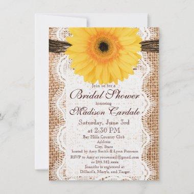 Yellow Daisy Burlap Bridal Shower Invitations
