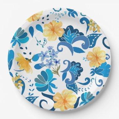 Yellow Floral blue italian  Paper Plates