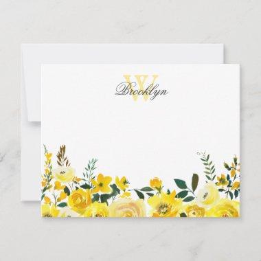 Yellow Floral Botanical Monogrammed Note Invitations