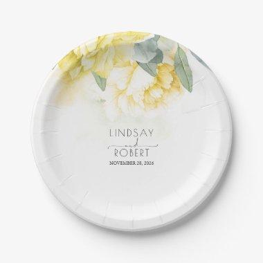 Yellow Floral Watercolors Wedding Paper Plate