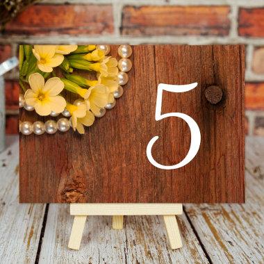 Yellow Flowers, Barn Wood Pearls Country Wedding Table Number