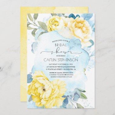 Yellow Flowers Dusty Blue Greenery Bridal Shower Invitations