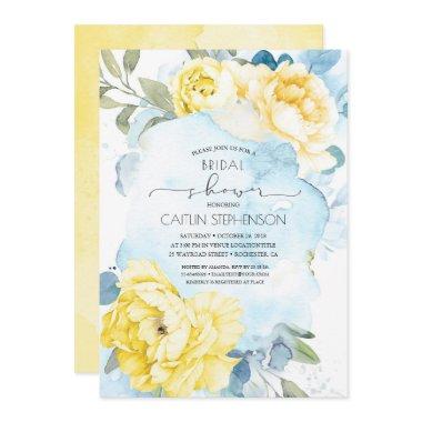 Yellow Flowers Dusty Blue Greenery Bridal Shower Invitations