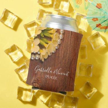 Yellow Flowers, Pearls, Barn Wood Country Wedding Can Cooler