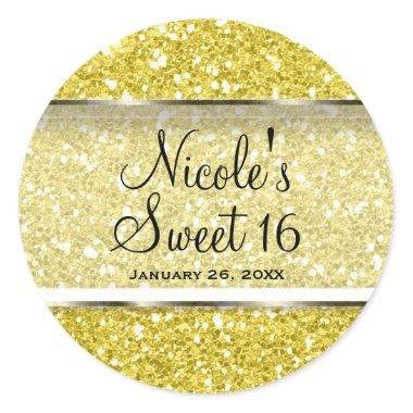 Yellow Glitter Glam Sweet 16 Custom Party Favor Classic Round Sticker