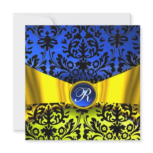 YELLOW GOLD RIBBON BLUE BLACK DAMASK MONOGRAM Invitations