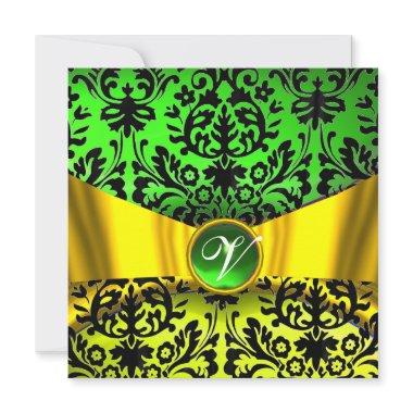 YELLOW GOLD RIBBON EMERALD BLACK DAMASK MONOGRAM Invitations