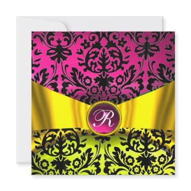 YELLOW GOLD RIBBON FUCHSIA BLACK DAMASK MONOGRAM Invitations