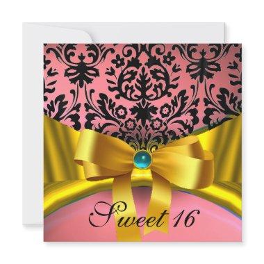 YELLOW GOLD RIBBON PINK BLACK DAMASK Invitations